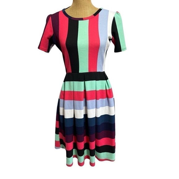 Lularoe Amelia Unicorn Colorful Stripes Color Block Size M Rare Pleated Pockets - Picture 2 of 13